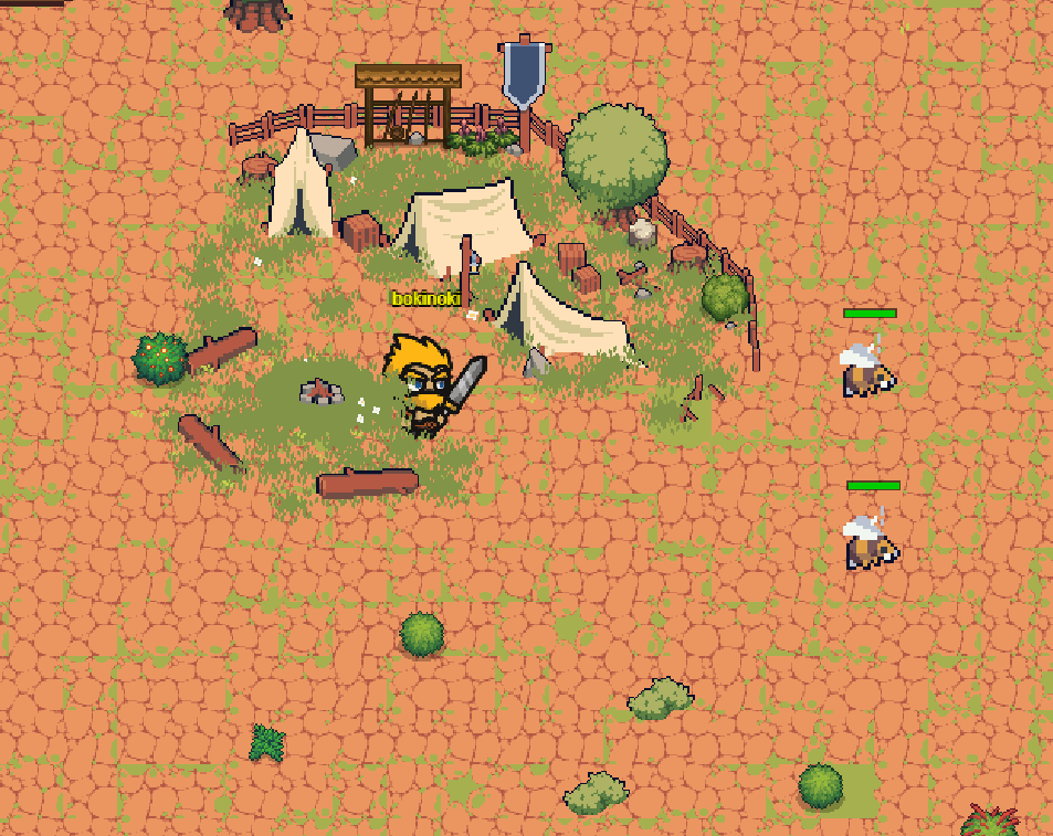 Albion MC farm camp area with tents and small enemies